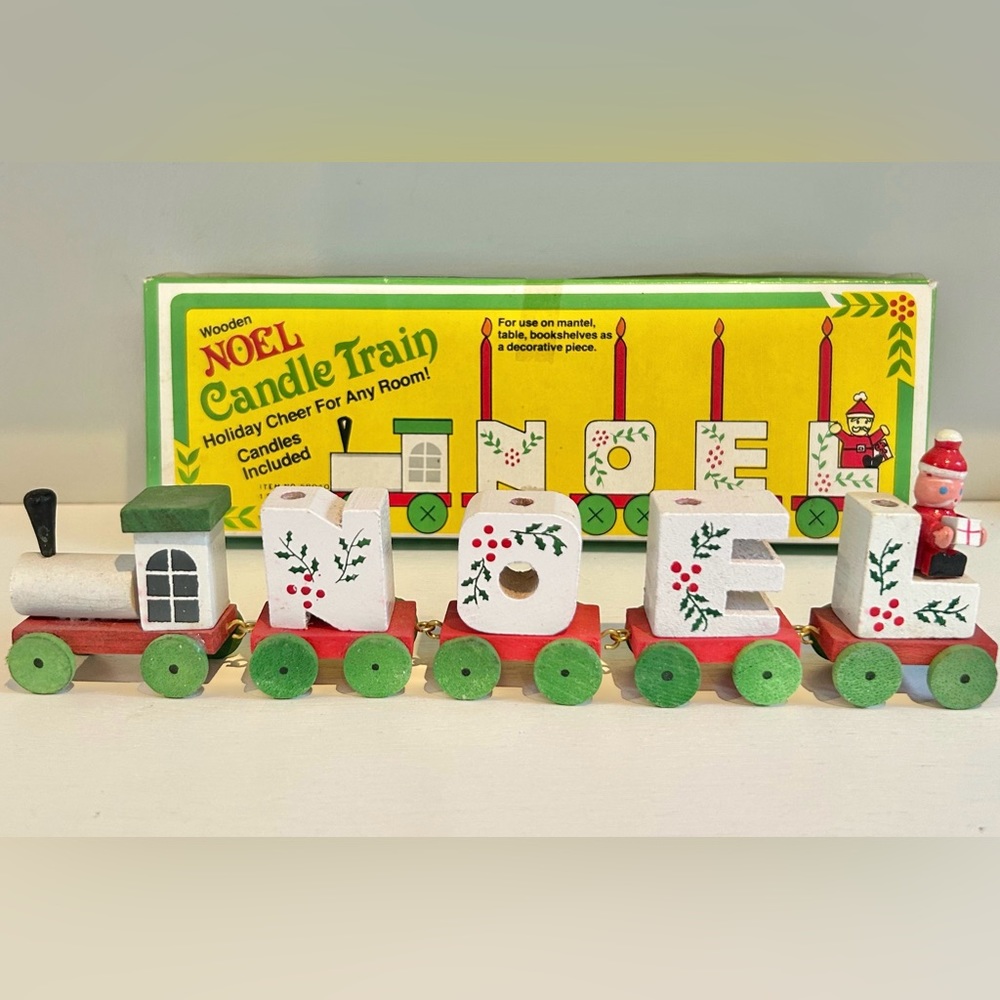 IOB Vintage Wooden Christmas Noel Candle Train Decor with Santa